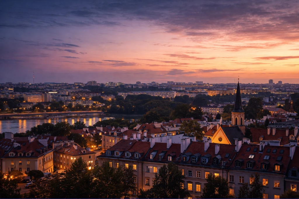 Panorama Warszawy o zachodzie słońca